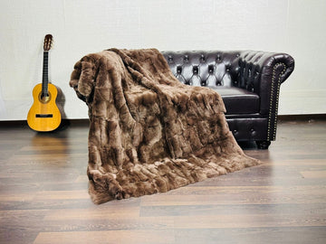 BROWN DOUBLE SIDED Rex Rabbit Fur Blanket  •  Luxury Fur Blanket Throw  • Fur Bedspread  •  Home Warmer Blanket  • Perfect for your Living Room